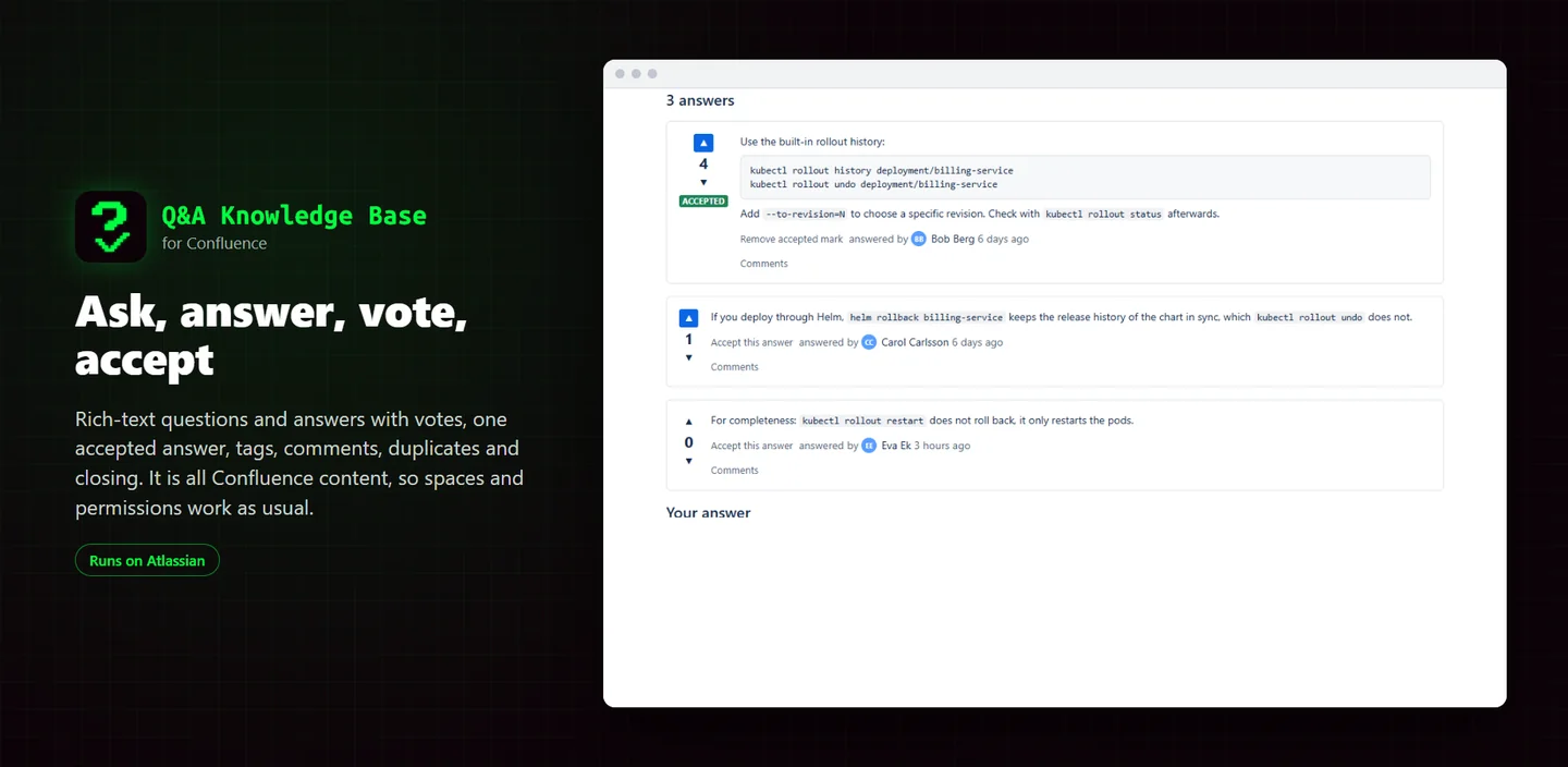 Question with answers, votes and an accepted answer in Confluence