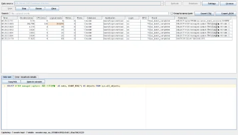 QueryScope tool window with captured queries and their duration, CPU and reads