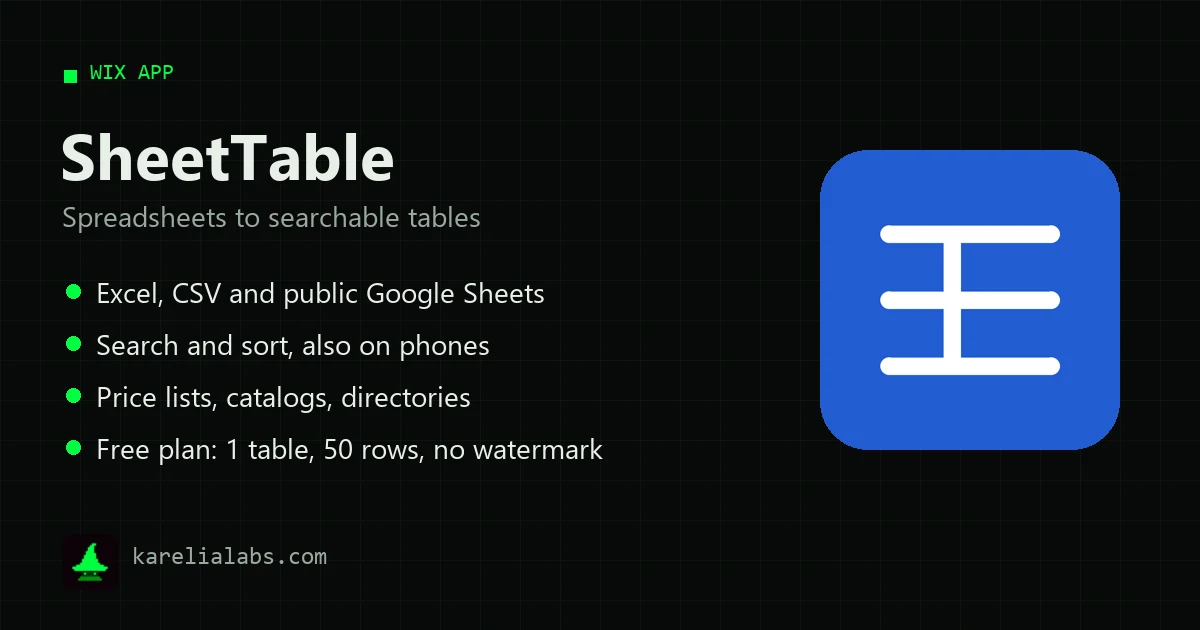 SheetTable: searchable tables from Excel, CSV and public Google Sheets, with themes and mobile layouts