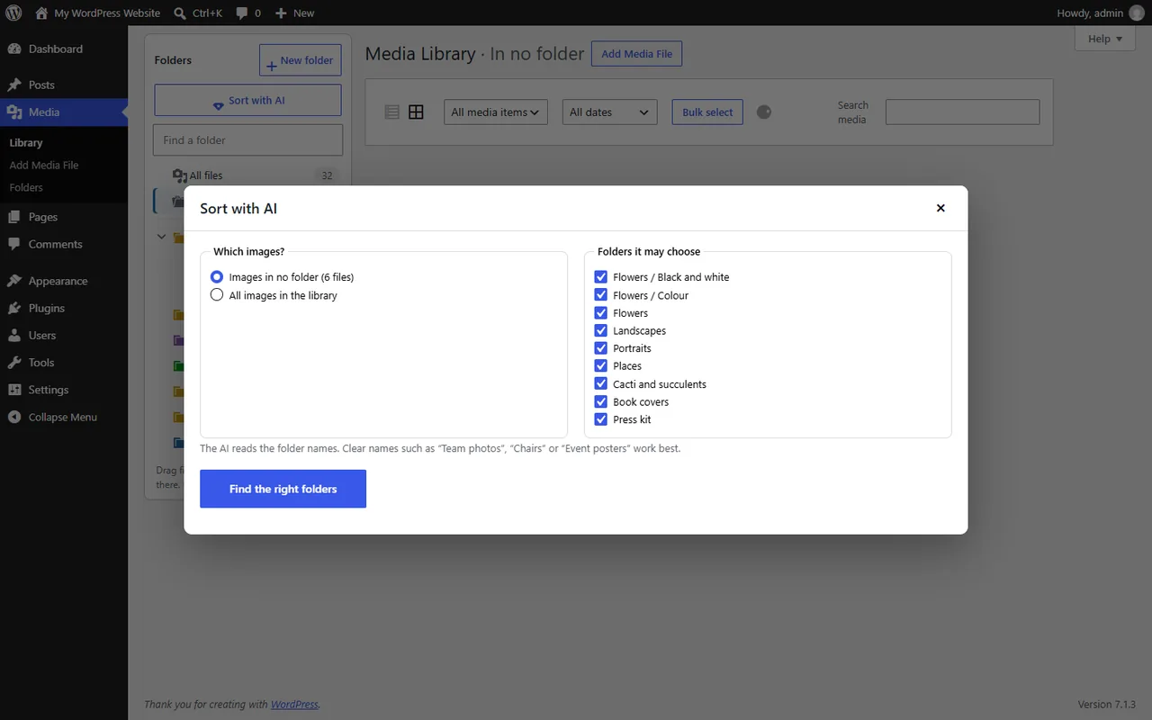Sort with AI dialog: which images to sort and a checklist of the folders the AI may choose