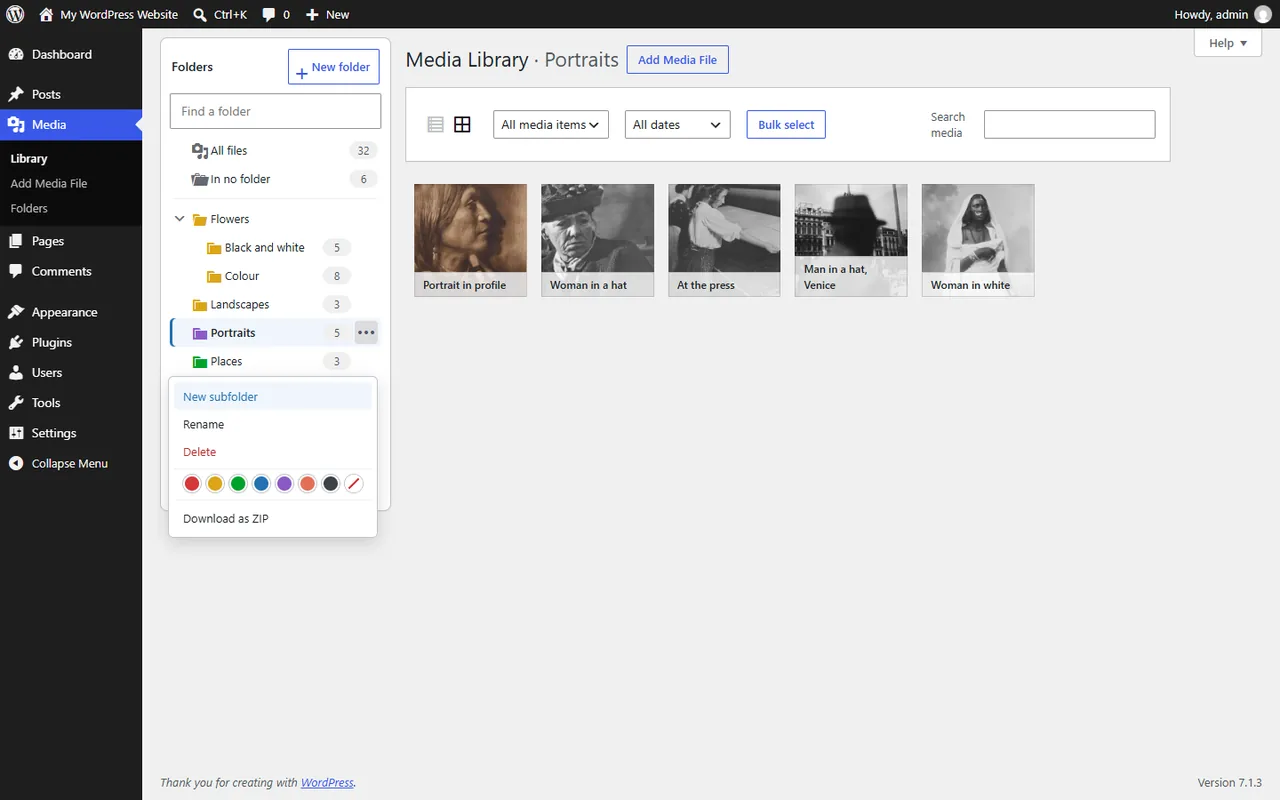 Folder menu with New subfolder, Rename, Delete, colour swatches and Download as ZIP