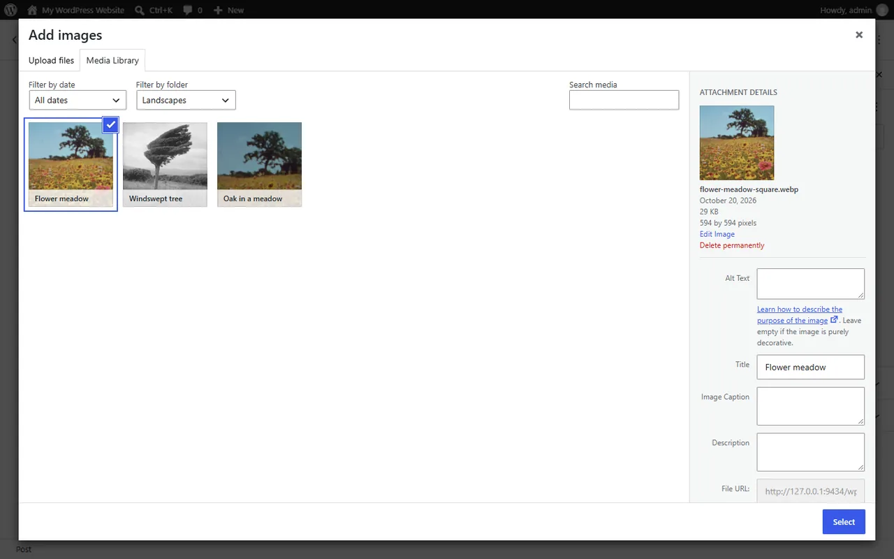 The editor's media dialog with a folder filter next to the date filter