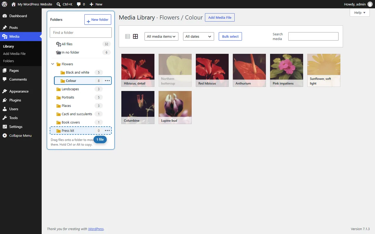 WordPress Media Library with the Shelfwright folder tree on the left and the files of the open folder on the right