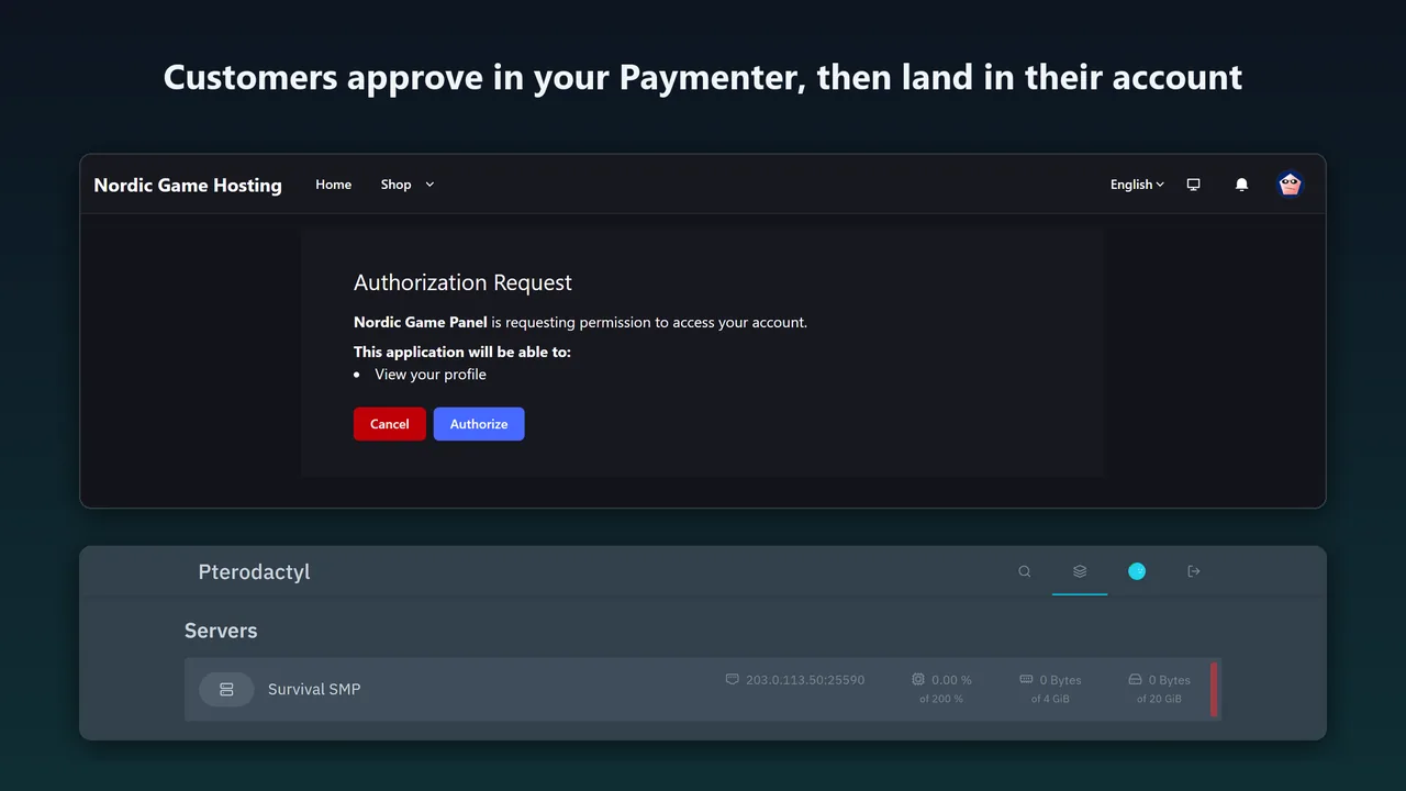 Paymenter's authorization request page, then the customer's server list in the panel