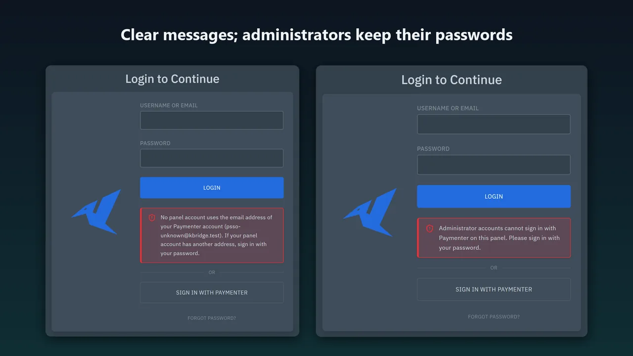 Login page messages for a Paymenter account with no matching panel account, and for an administrator