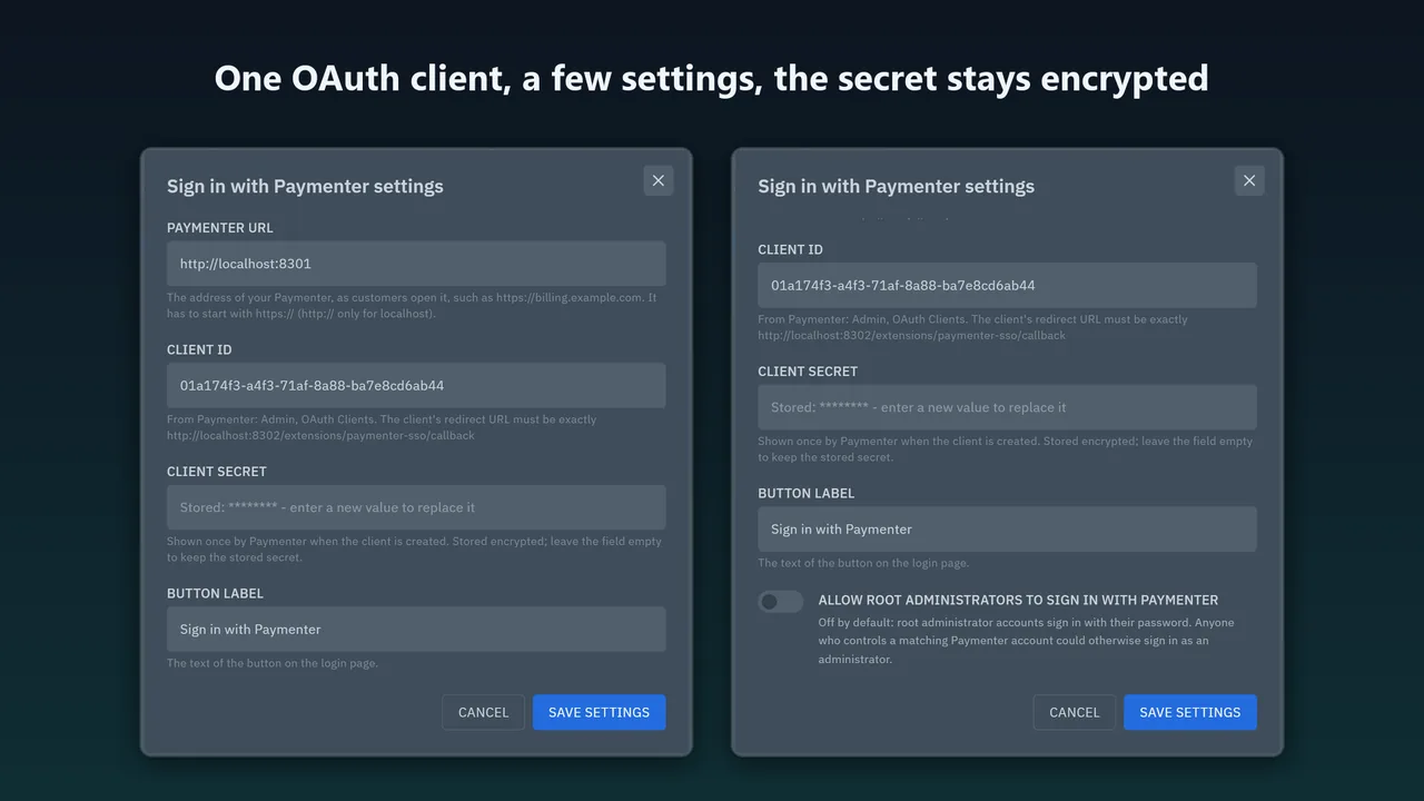 Extension settings: Paymenter URL, client ID, masked client secret, button label and the administrator switch