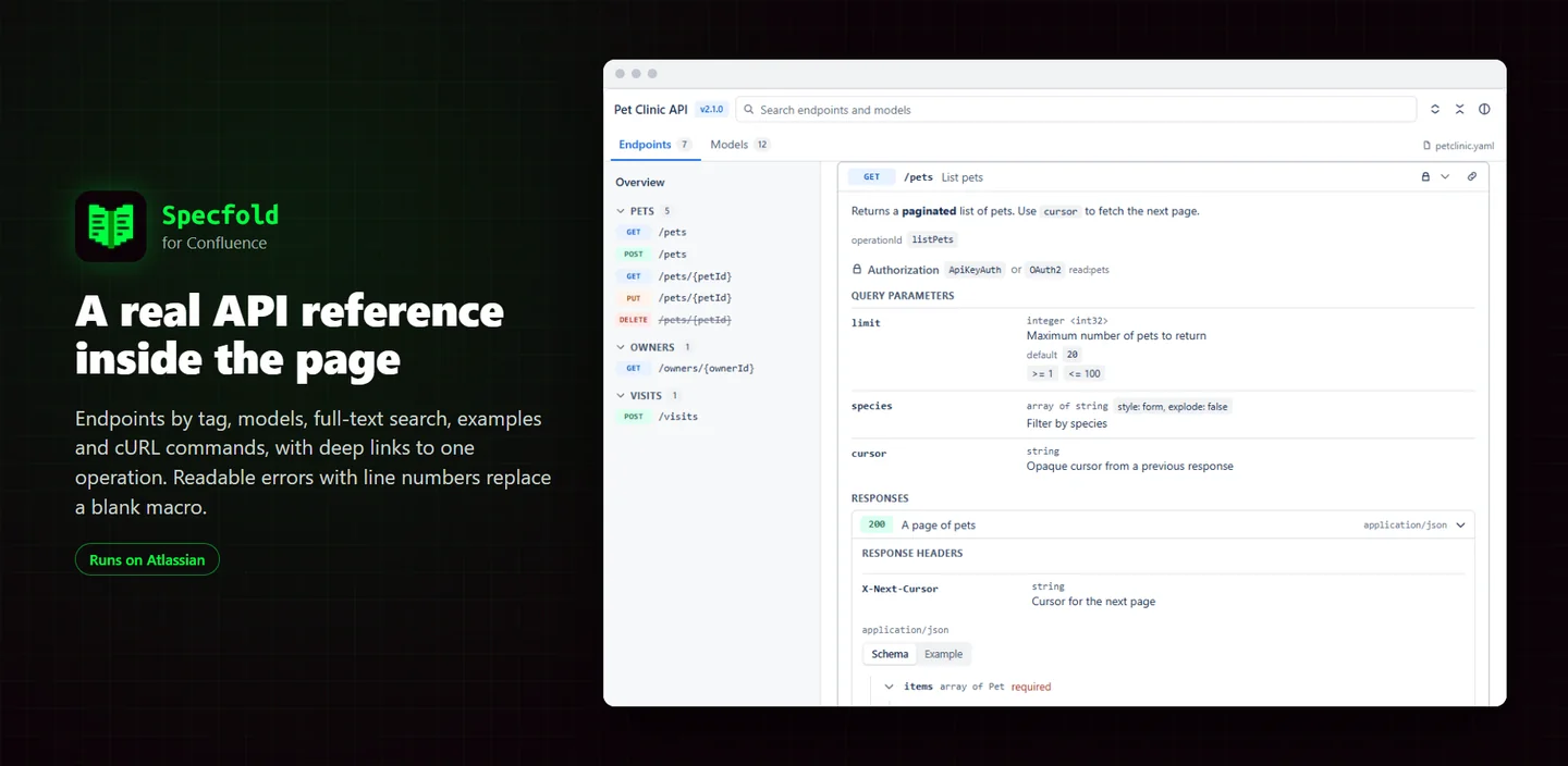 API reference inside a Confluence page with endpoints grouped by tag and a selected operation