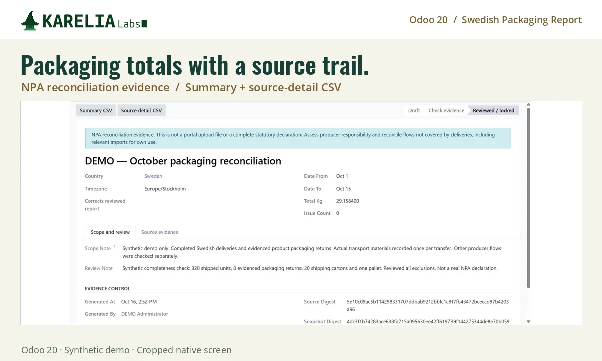 Odoo packaging reconciliation with totals, scope and source evidence