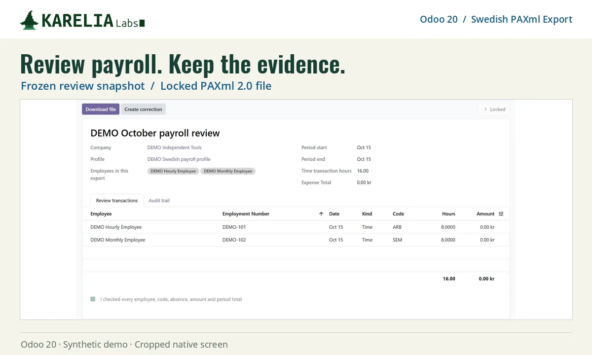 Odoo payroll review with employees, codes, hours and a locked PAXml file