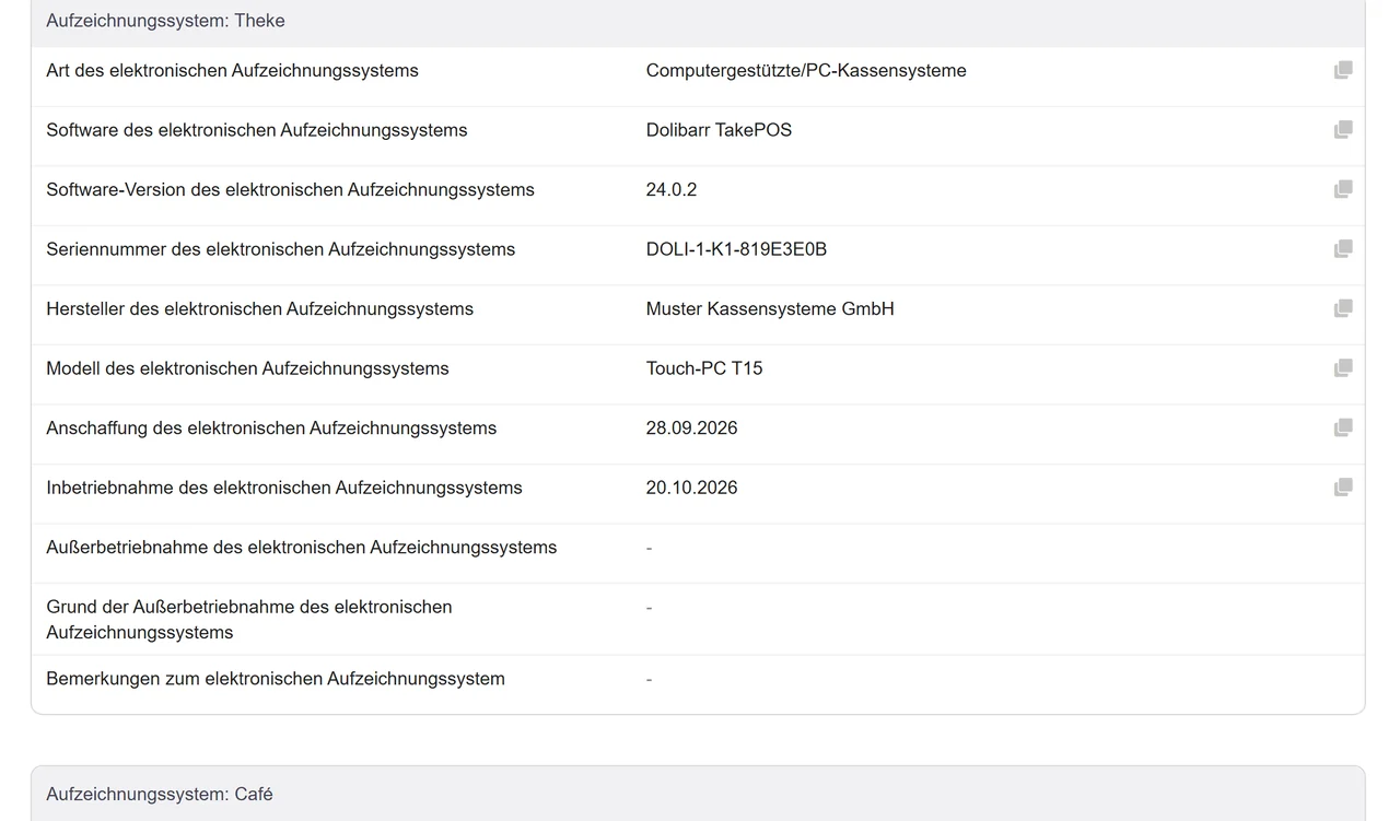 ELSTER notification data of a cash register with the official German field names and copy buttons