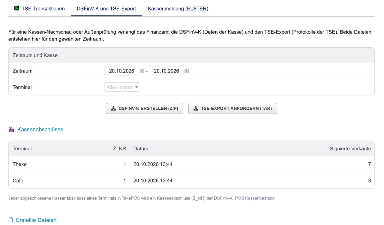 Export page with the DSFinV-K and TSE export buttons and the cash closings of the period