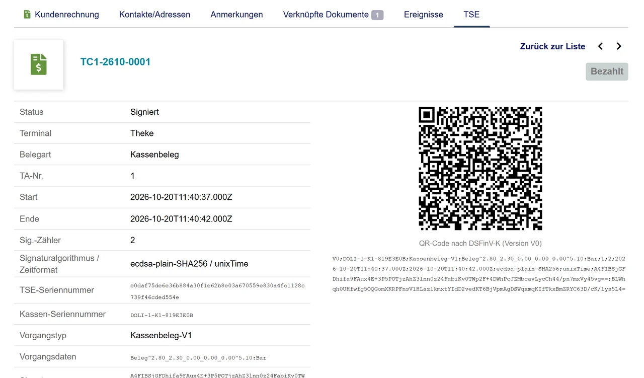 TSE tab of a Dolibarr invoice with the signature, the QR code and the signed data
