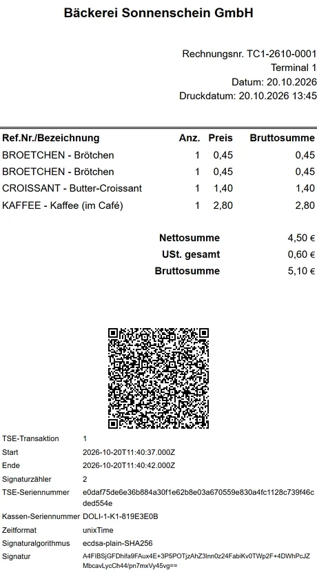 TakePOS receipt of a German bakery with the TSE block: QR code, transaction number, start and end time, signature counter, serial numbers and signature