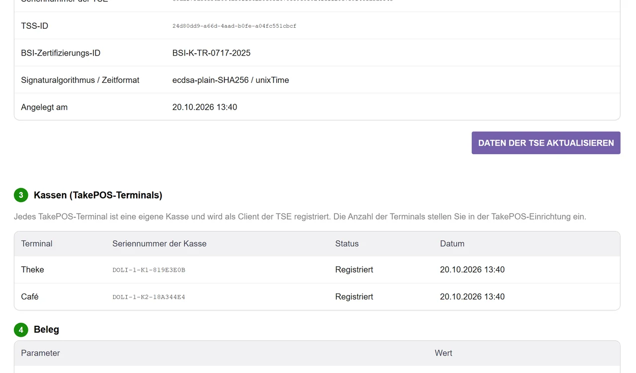 Setup page with the initialized TSE, its BSI certification ID and two registered TakePOS terminals